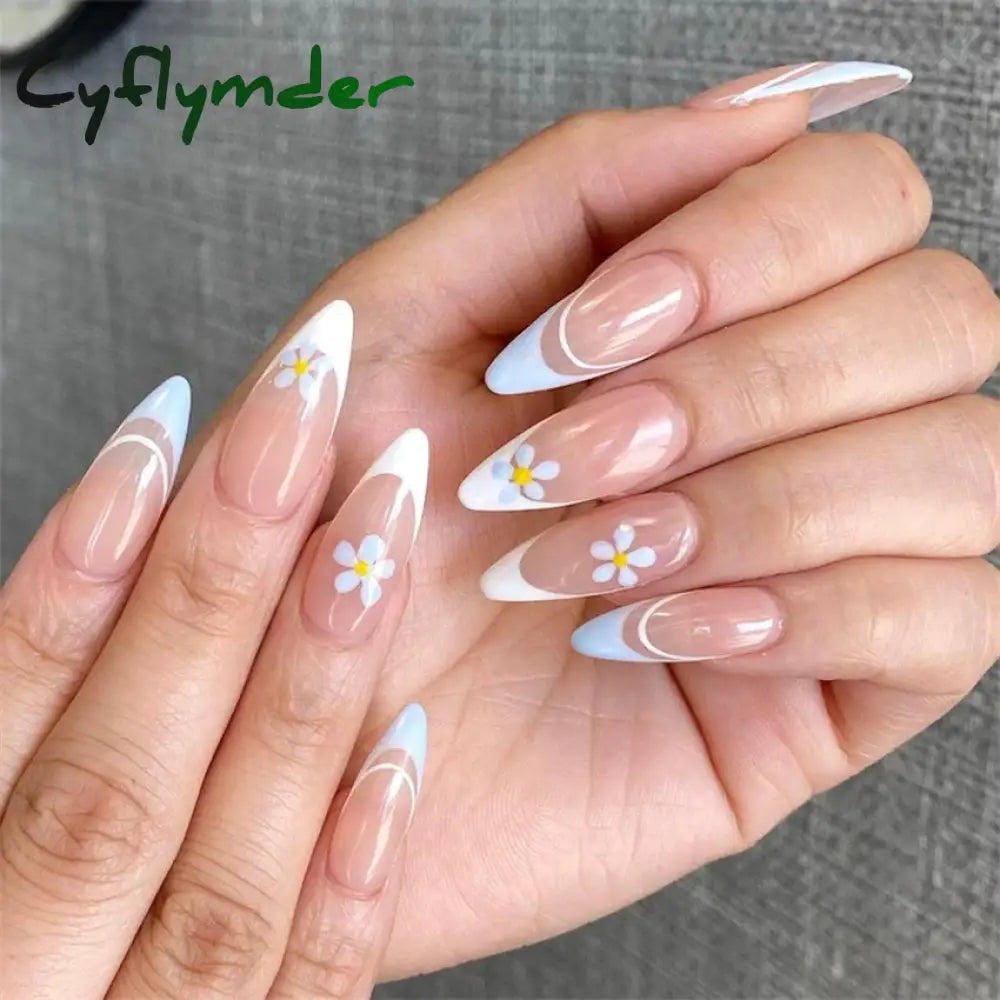 Cyflymder 24PCS Nail Art Fake Nails Long Ballerina Press on False Nails Set Handmade Orange Edge Almond Nail Seamless Removable Capsule