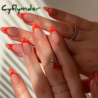 Cyflymder 24PCS Nail Art Fake Nails Long Ballerina Press on False Nails Set Handmade Orange Edge Almond Nail Seamless Removable Capsule