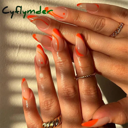 Cyflymder 24PCS Nail Art Fake Nails Long Ballerina Press on False Nails Set Handmade Orange Edge Almond Nail Seamless Removable Capsule