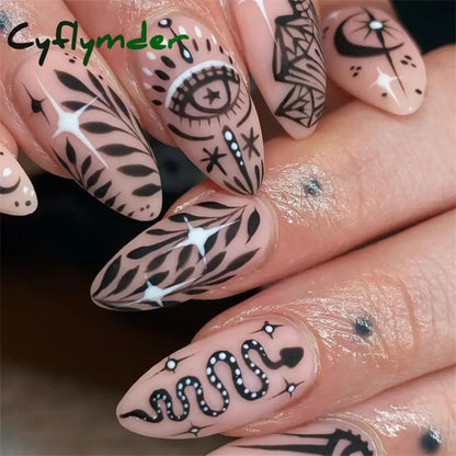 Cyflymder 24PCS Nail Art Fake Nails Long Ballerina Press on False Nails Set Handmade Orange Edge Almond Nail Seamless Removable Capsule