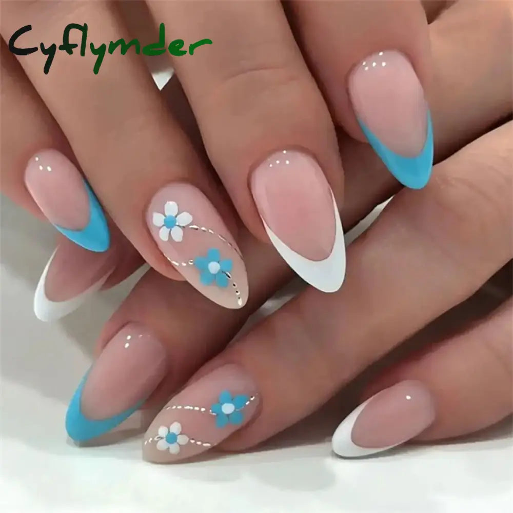 Cyflymder 24PCS Nail Art Fake Nails Long Ballerina Press on False Nails Set Handmade Orange Edge Almond Nail Seamless Removable Capsule