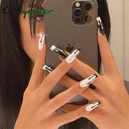 Cyflymder 24PCS Nail Art Fake Nails Long Ballerina Press on False Nails Set Handmade Orange Edge Almond Nail Seamless Removable Capsule