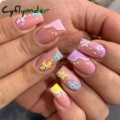Cyflymder 24PCS Nail Art Fake Nails Long Ballerina Press on False Nails Set Handmade Orange Edge Almond Nail Seamless Removable Capsule