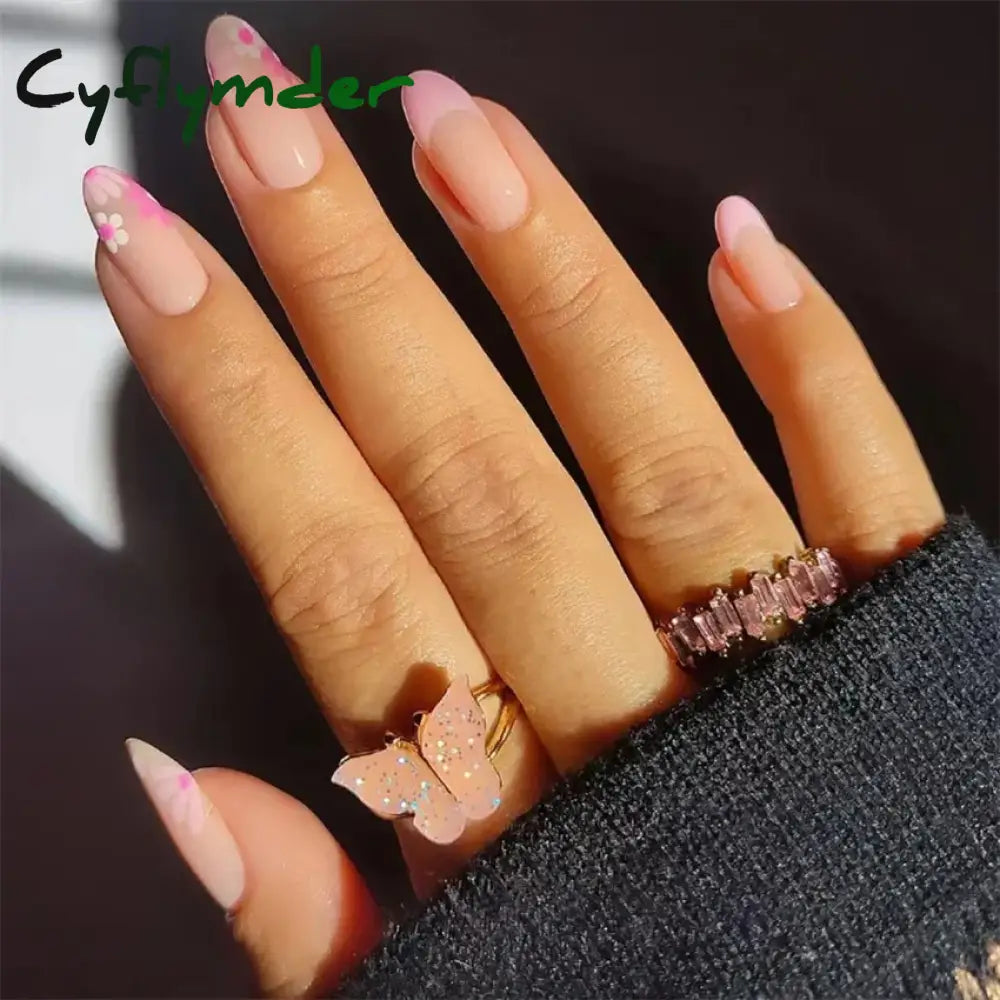 Cyflymder 24PCS Nail Art Fake Nails Long Ballerina Press on False Nails Set Handmade Orange Edge Almond Nail Seamless Removable Capsule