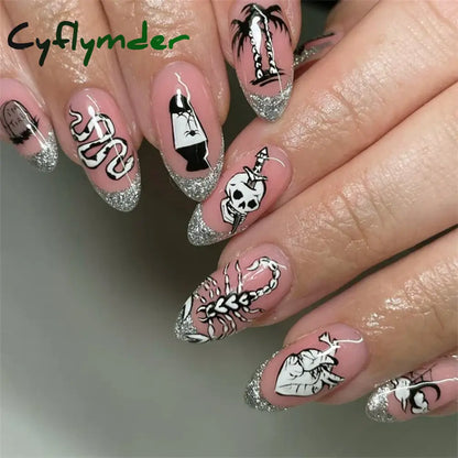 Cyflymder 24PCS Nail Art Fake Nails Long Ballerina Press on False Nails Set Handmade Orange Edge Almond Nail Seamless Removable Capsule
