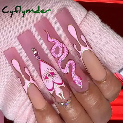 Cyflymder 24PCS Nail Art Fake Nails Long Ballerina Press on False Nails Set Handmade Orange Edge Almond Nail Seamless Removable Capsule