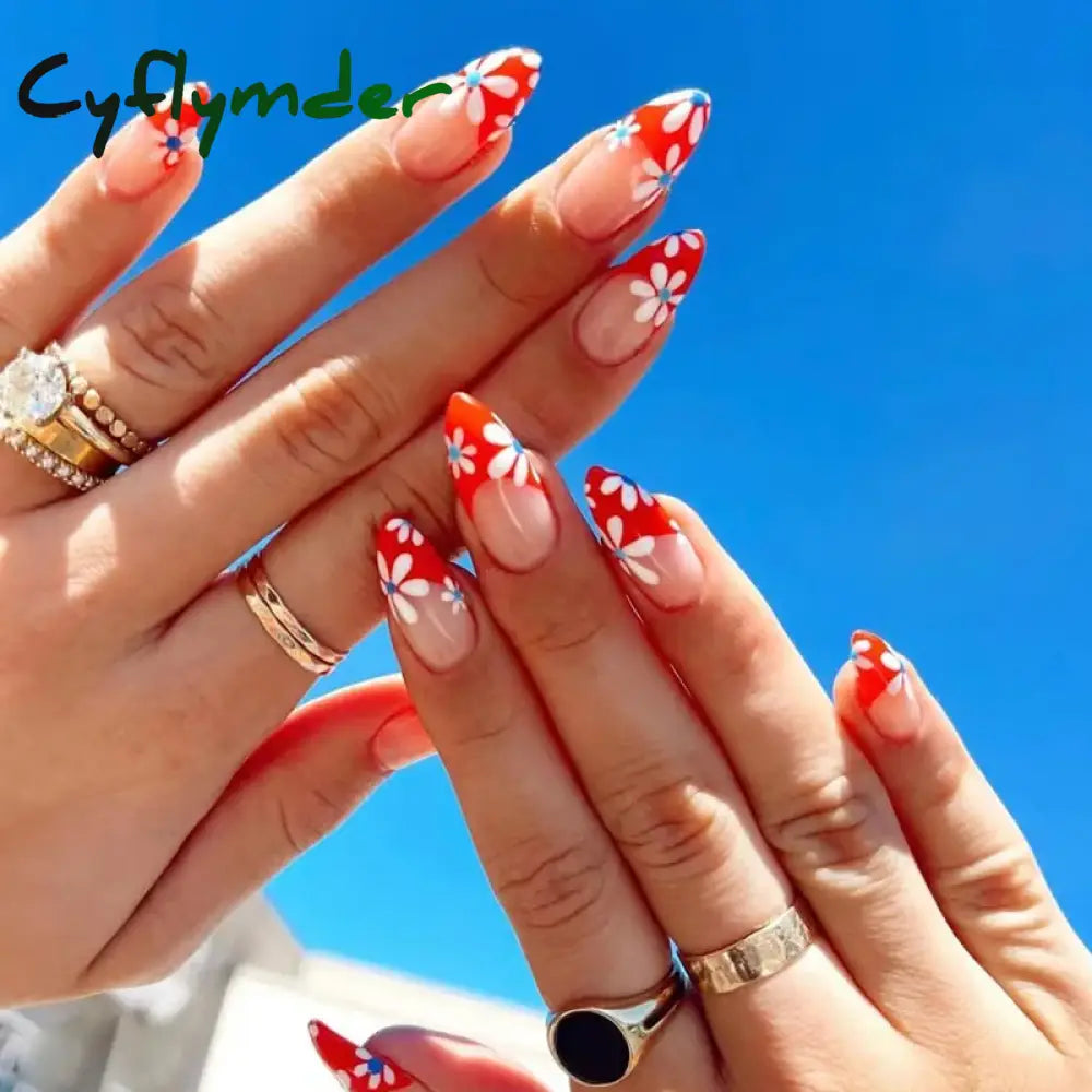 Cyflymder 24PCS Nail Art Fake Nails Long Ballerina Press on False Nails Set Handmade Orange Edge Almond Nail Seamless Removable Capsule