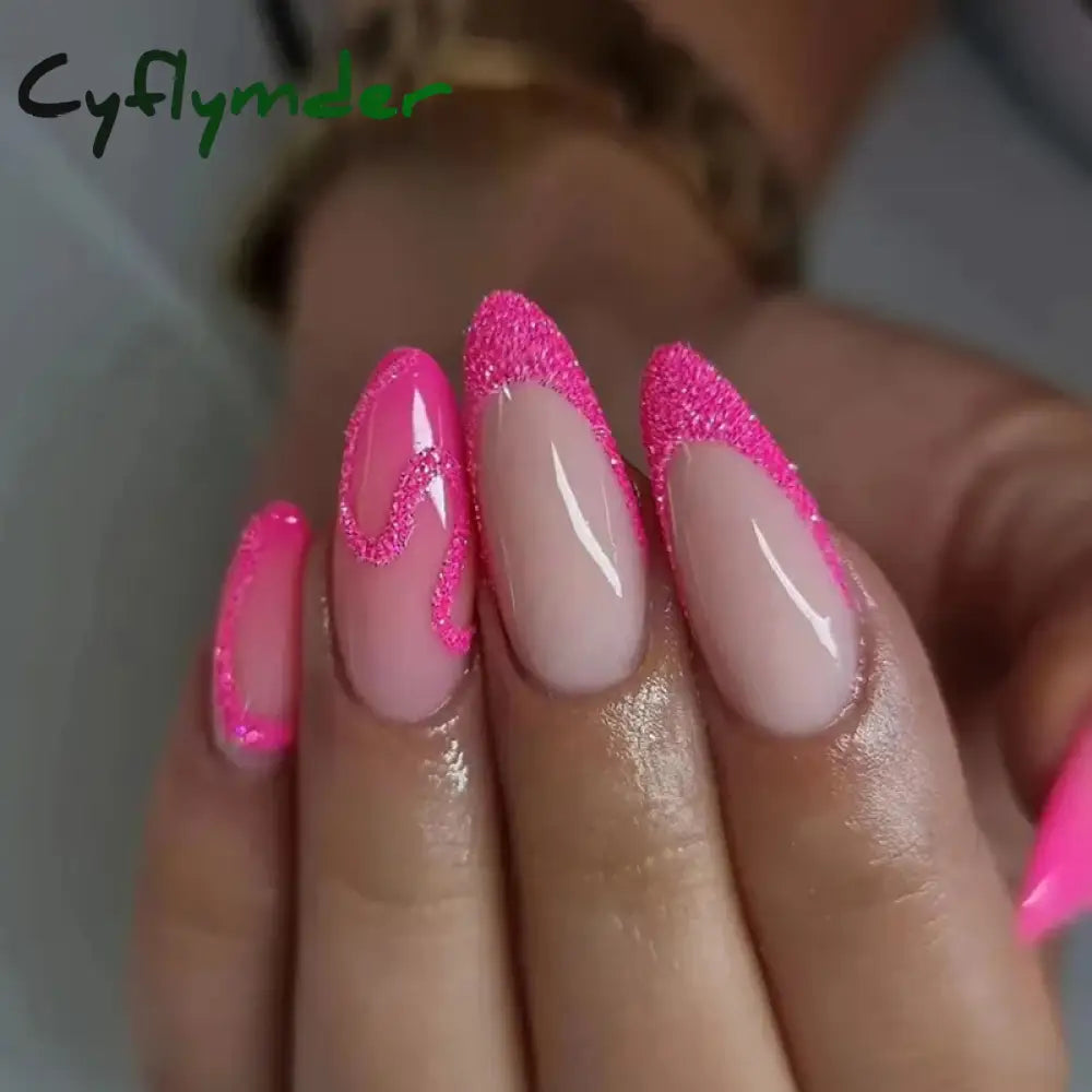 Cyflymder 24PCS Nail Art Fake Nails Long Ballerina Press on False Nails Set Handmade Orange Edge Almond Nail Seamless Removable Capsule