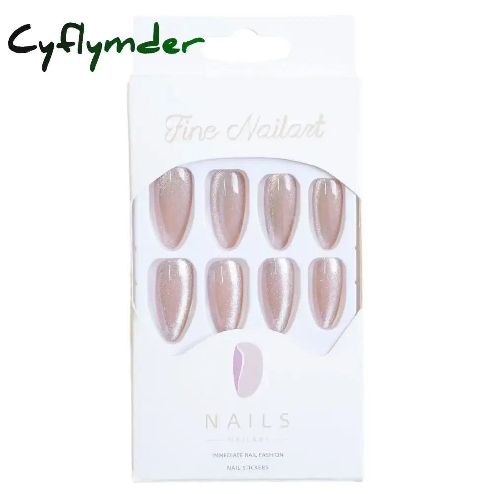 Cyflymder 24pcs Pearlescent Cat Eyes False Nails Wearable Flash Crystal Long Almond Aurora Fake Nails Press on Finished Manicure Nail Tips