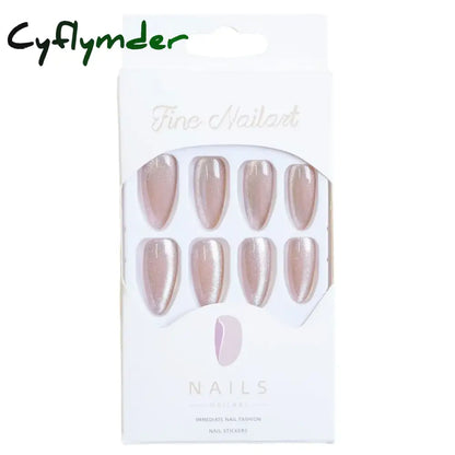 Cyflymder 24pcs Pearlescent Cat Eyes False Nails Wearable Flash Crystal Long Almond Aurora Fake Nails Press on Finished Manicure Nail Tips