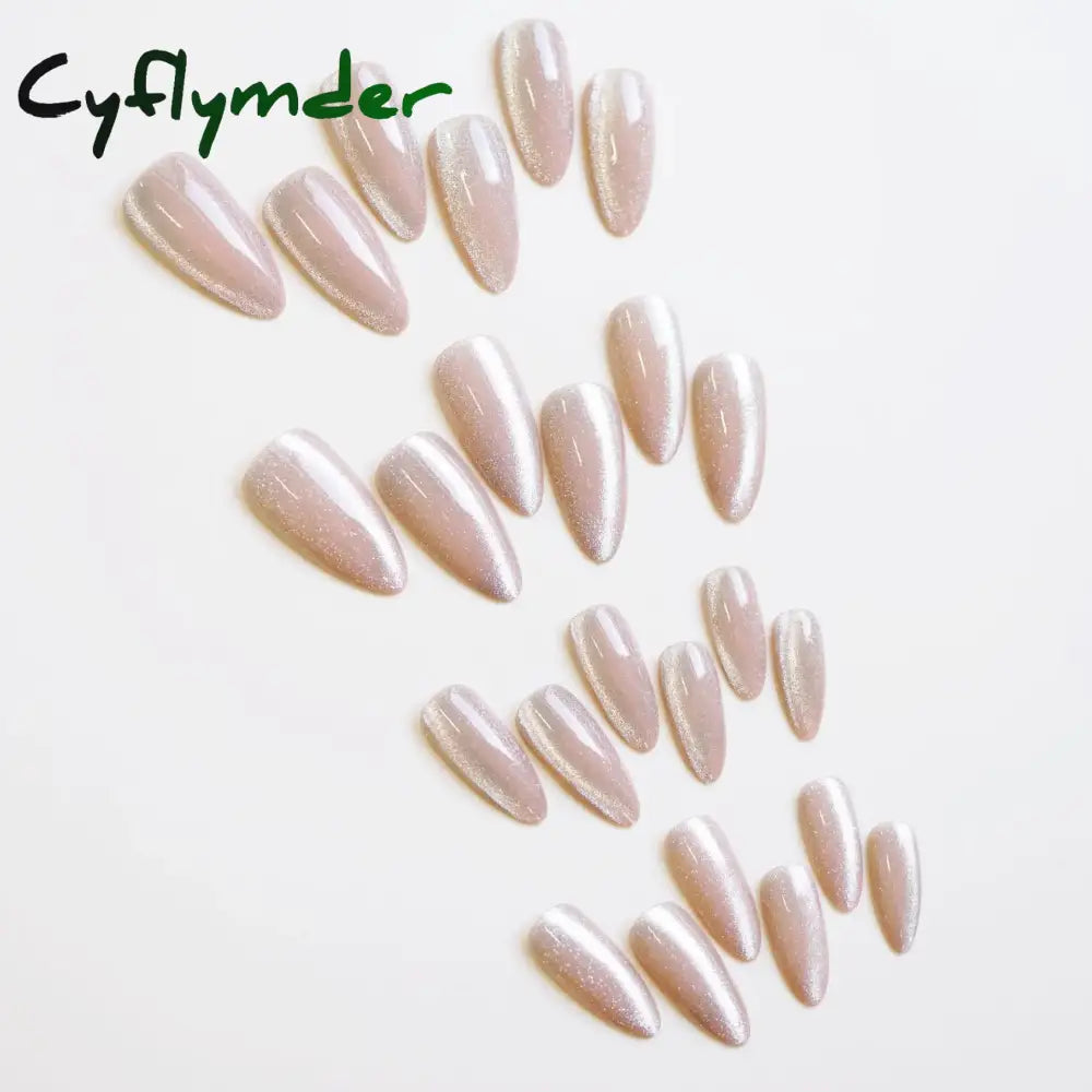 Cyflymder 24pcs Pearlescent Cat Eyes False Nails Wearable Flash Crystal Long Almond Aurora Fake Nails Press on Finished Manicure Nail Tips