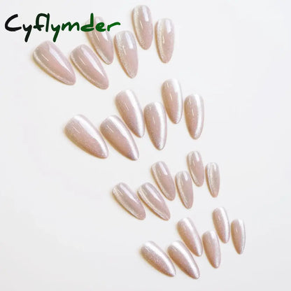 Cyflymder 24pcs Pearlescent Cat Eyes False Nails Wearable Flash Crystal Long Almond Aurora Fake Nails Press on Finished Manicure Nail Tips