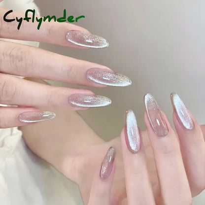 Cyflymder 24pcs Pearlescent Cat Eyes False Nails Wearable Flash Crystal Long Almond Aurora Fake Nails Press on Finished Manicure Nail Tips