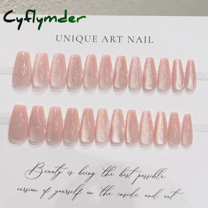 Cyflymder 24pcs Pearlescent Cat Eyes False Nails Wearable Flash Crystal Long Almond Aurora Fake Nails Press on Finished Manicure Nail Tips