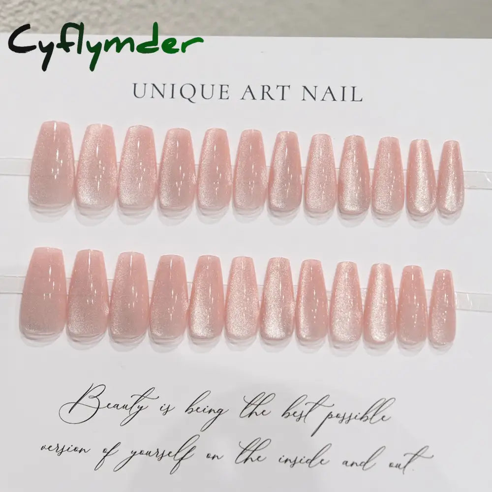 Cyflymder 24pcs Pearlescent Cat Eyes False Nails Wearable Flash Crystal Long Almond Aurora Fake Nails Press on Finished Manicure Nail Tips