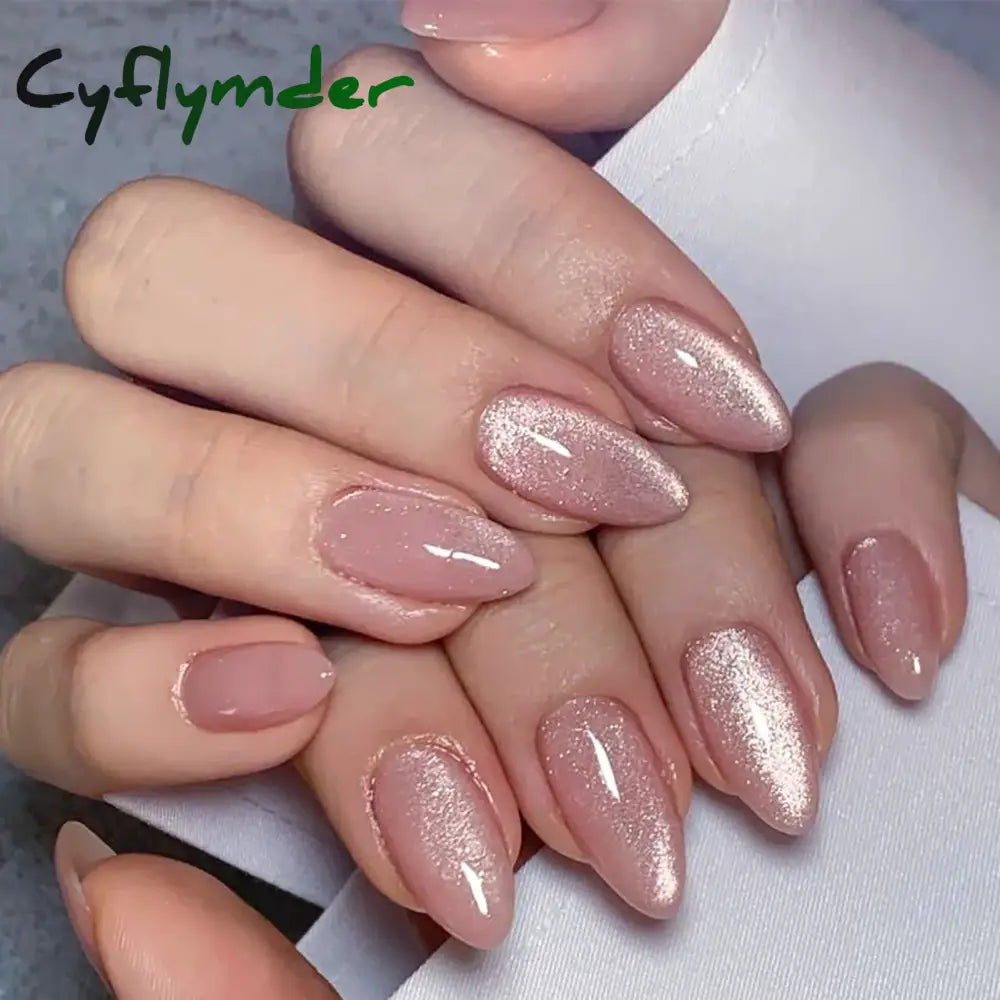 Cyflymder 24pcs Pearlescent Cat Eyes False Nails Wearable Flash Crystal Long Almond Aurora Fake Nails Press on Finished Manicure Nail Tips