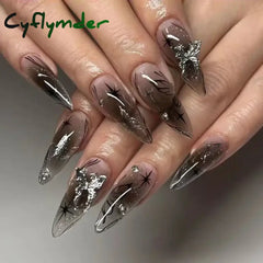 Cyflymder 24Pcs Pink Almond False Nails Butterfly Ballet with French Design Wearable Fake Nails Simple Artificial Press on Nails Tips Art