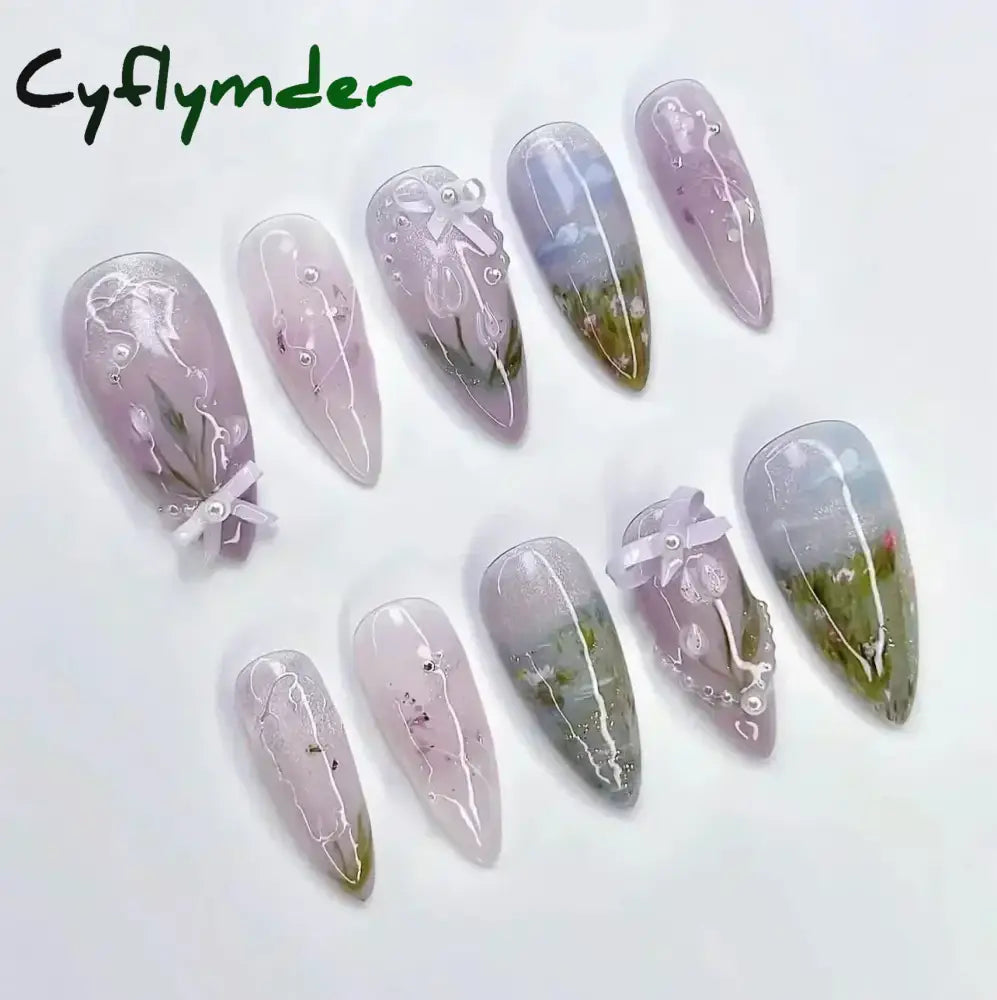Cyflymder 24Pcs Pink Almond False Nails Butterfly Ballet with French Design Wearable Fake Nails Simple Artificial Press on Nails Tips Art