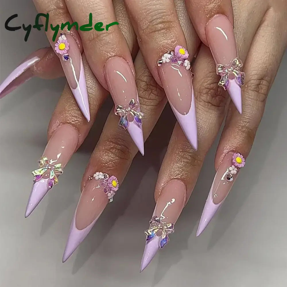 Cyflymder 24Pcs Pink Almond False Nails Butterfly Ballet with French Design Wearable Fake Nails Simple Artificial Press on Nails Tips Art