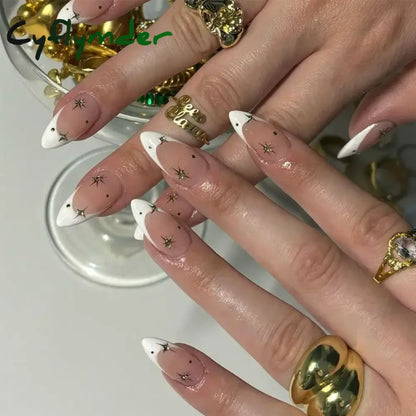 Cyflymder 24Pcs Pink Almond False Nails Butterfly Ballet with French Design Wearable Fake Nails Simple Artificial Press on Nails Tips Art