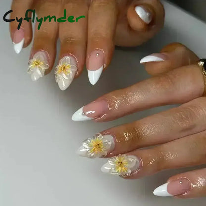 Cyflymder 24Pcs Pink Almond False Nails Butterfly Ballet with French Design Wearable Fake Nails Simple Artificial Press on Nails Tips Art