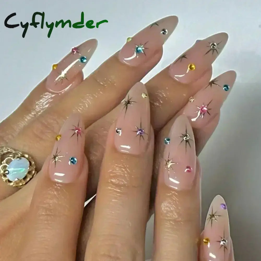 Cyflymder 24Pcs Pink Almond False Nails Butterfly Ballet with French Design Wearable Fake Nails Simple Artificial Press on Nails Tips Art
