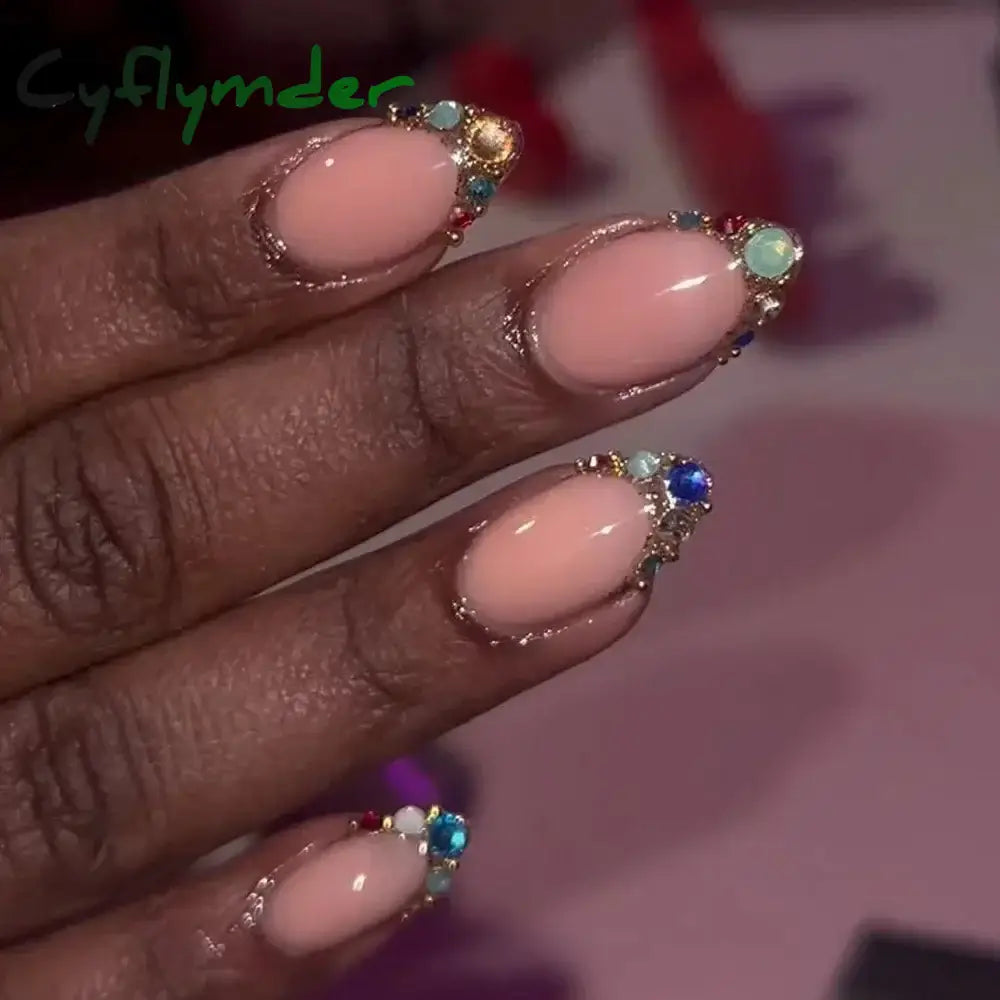 Cyflymder 24Pcs Pink Almond False Nails Butterfly Ballet with French Design Wearable Fake Nails Simple Artificial Press on Nails Tips Art