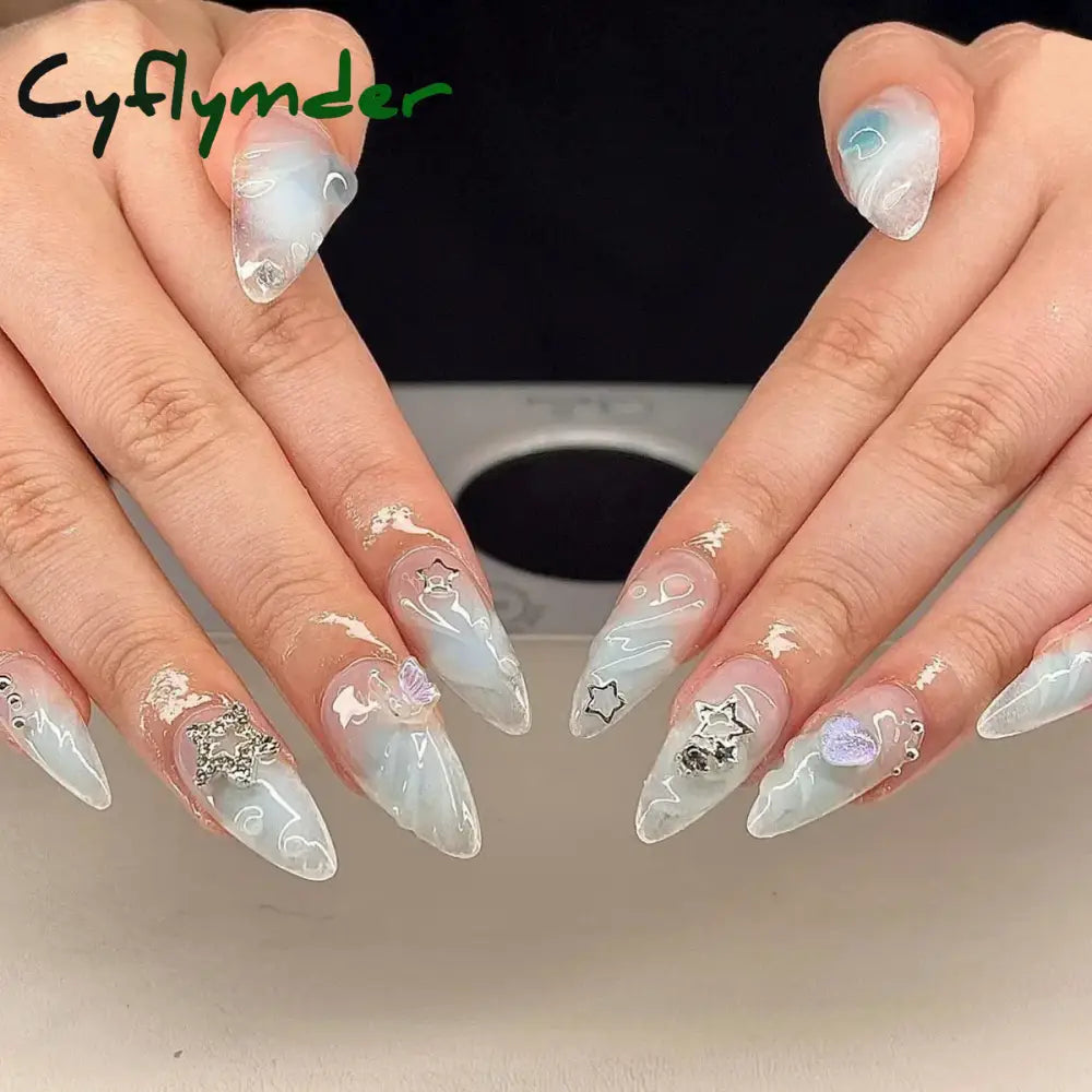 Cyflymder 24Pcs Pink Almond False Nails Butterfly Ballet with French Design Wearable Fake Nails Simple Artificial Press on Nails Tips Art