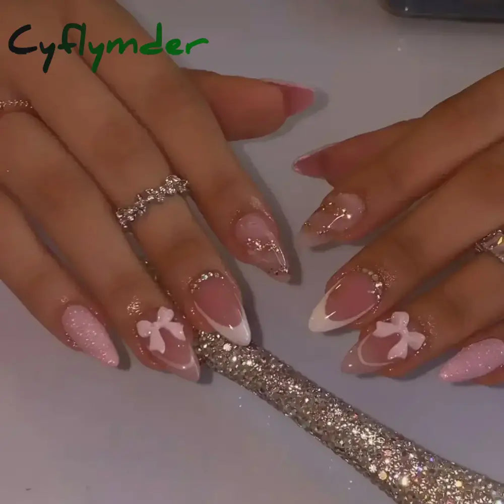 Cyflymder 24Pcs Pink Almond False Nails Butterfly Ballet with French Design Wearable Fake Nails Simple Artificial Press on Nails Tips Art