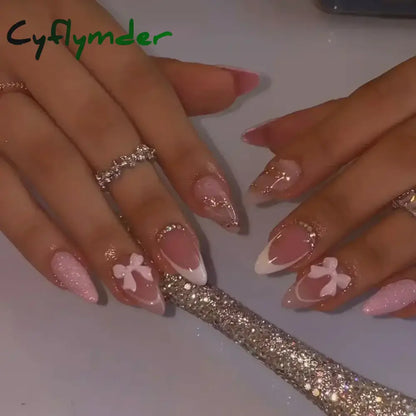 Cyflymder 24Pcs Pink Almond False Nails Butterfly Ballet with French Design Wearable Fake Nails Simple Artificial Press on Nails Tips Art