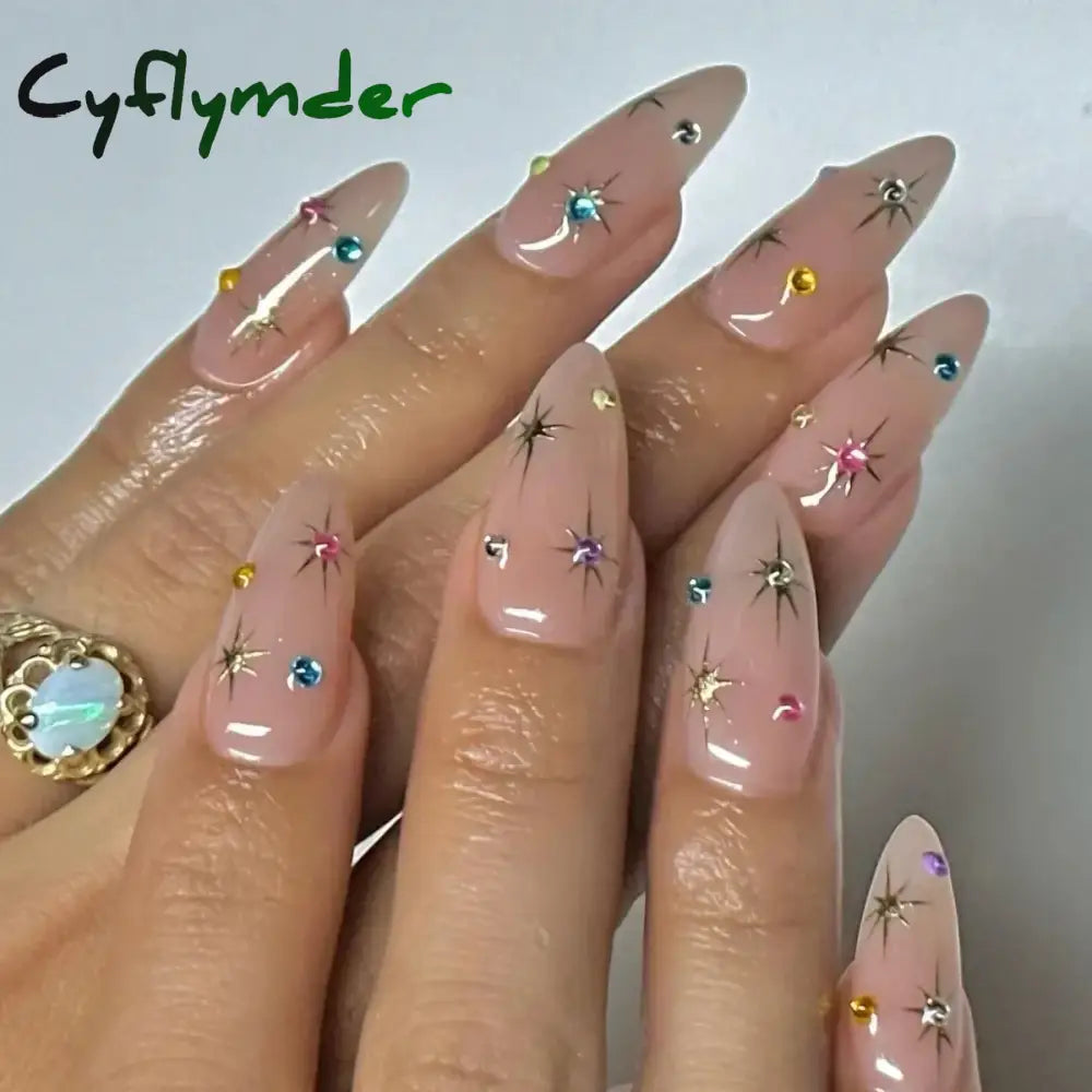 Cyflymder 24Pcs Pink Almond False Nails Butterfly Ballet with French Design Wearable Fake Nails Simple Artificial Press on Nails Tips Art
