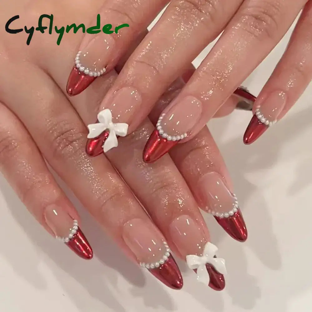 Cyflymder 24Pcs Pink Almond False Nails Butterfly Ballet with French Design Wearable Fake Nails Simple Artificial Press on Nails Tips Art