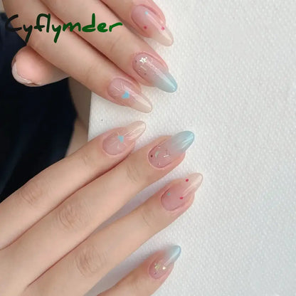 Cyflymder 24Pcs Pink Almond False Nails Butterfly Ballet with French Design Wearable Fake Nails Simple Artificial Press on Nails Tips Art