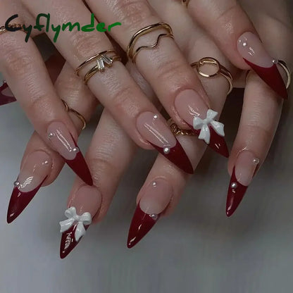 Cyflymder 24Pcs Pink Almond False Nails Butterfly Ballet with French Design Wearable Fake Nails Simple Artificial Press on Nails Tips Art