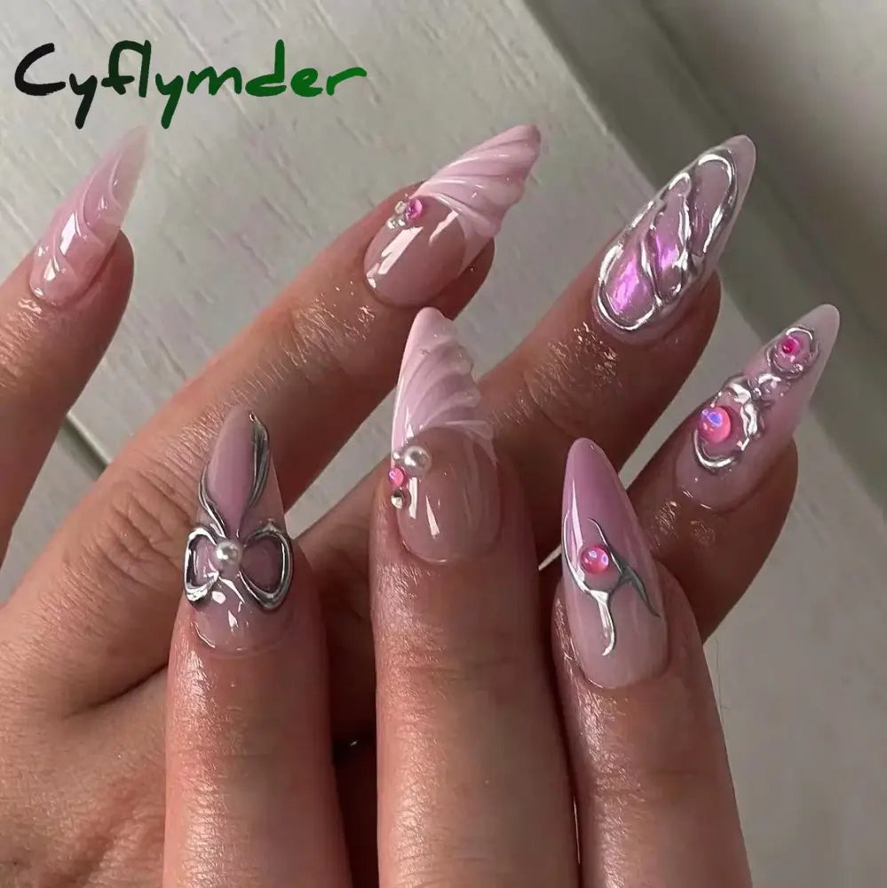 Cyflymder 24Pcs Pink Almond False Nails Butterfly Ballet with French Design Wearable Fake Nails Simple Artificial Press on Nails Tips Art