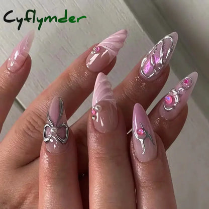 Cyflymder 24Pcs Pink Almond False Nails Butterfly Ballet with French Design Wearable Fake Nails Simple Artificial Press on Nails Tips Art