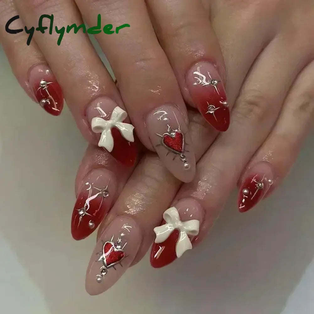 Cyflymder 24Pcs Pink Almond False Nails Butterfly Ballet with French Design Wearable Fake Nails Simple Artificial Press on Nails Tips Art