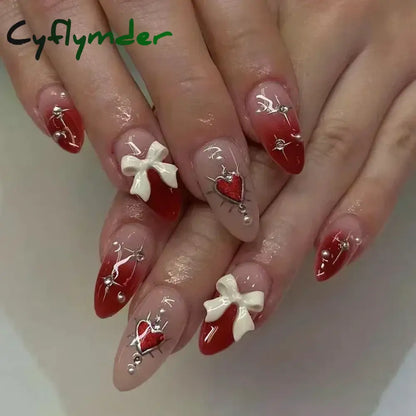 Cyflymder 24Pcs Pink Almond False Nails Butterfly Ballet with French Design Wearable Fake Nails Simple Artificial Press on Nails Tips Art