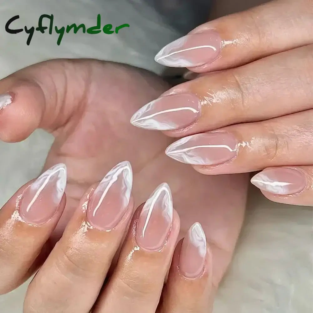 Cyflymder 24Pcs Pink Almond False Nails Butterfly Ballet with French Design Wearable Fake Nails Simple Artificial Press on Nails Tips Art