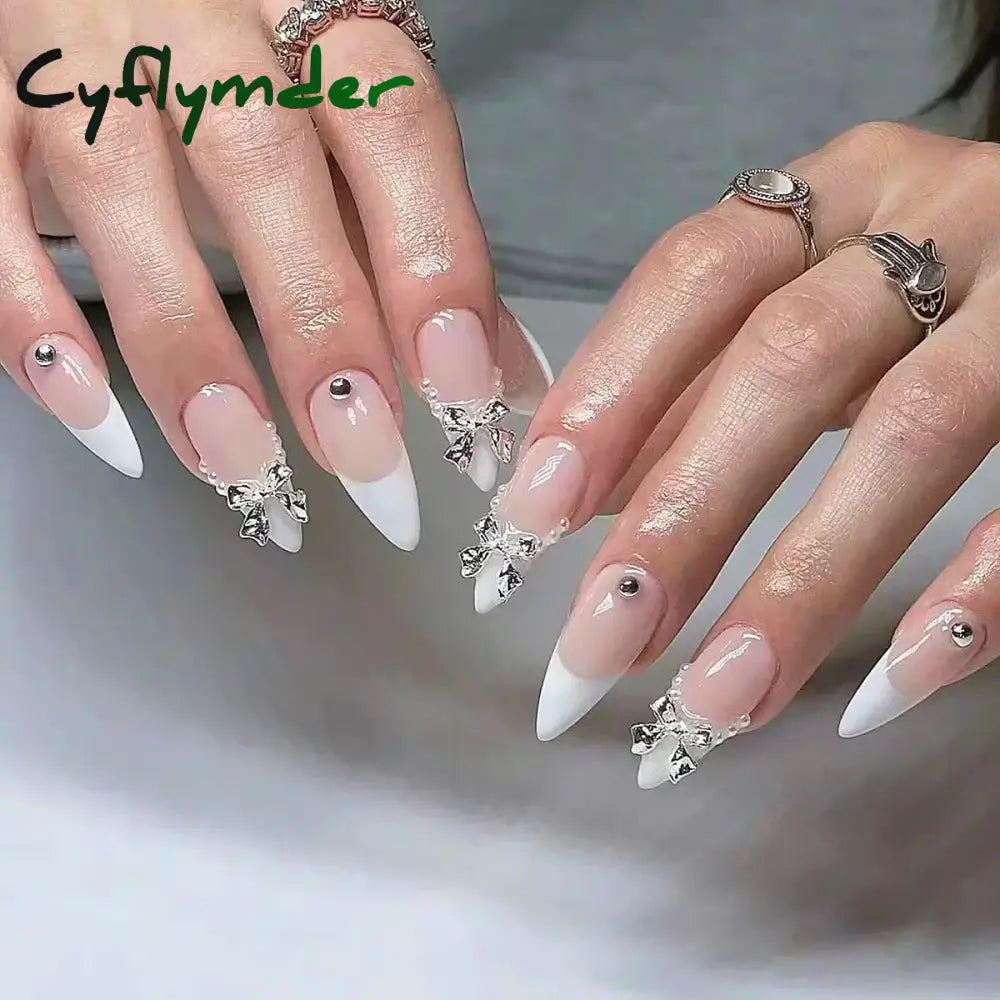 Cyflymder 24Pcs Pink Almond False Nails Butterfly Ballet with French Design Wearable Fake Nails Simple Artificial Press on Nails Tips Art