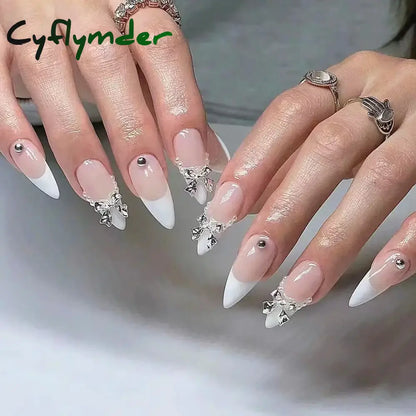 Cyflymder 24Pcs Pink Almond False Nails Butterfly Ballet with French Design Wearable Fake Nails Simple Artificial Press on Nails Tips Art