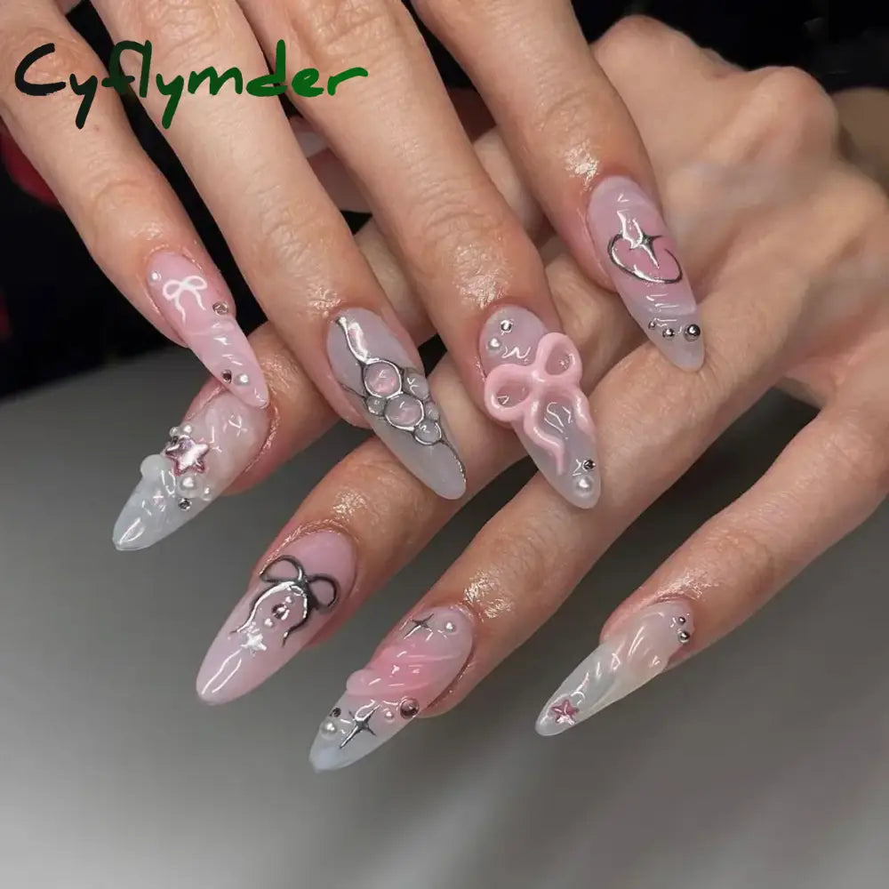 Cyflymder 24Pcs Pink Almond False Nails Butterfly Ballet with French Design Wearable Fake Nails Simple Artificial Press on Nails Tips Art