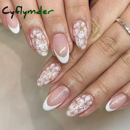 Cyflymder 24Pcs Pink Almond False Nails Butterfly Ballet with French Design Wearable Fake Nails Simple Artificial Press on Nails Tips Art