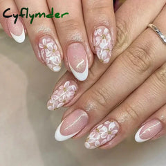 Cyflymder 24Pcs Pink Almond False Nails Butterfly Ballet with French Design Wearable Fake Nails Simple Artificial Press on Nails Tips Art