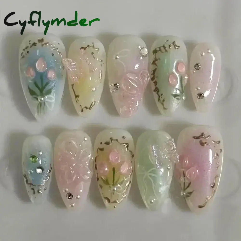 Cyflymder 24Pcs Pink Almond False Nails Butterfly Ballet with French Design Wearable Fake Nails Simple Artificial Press on Nails Tips Art