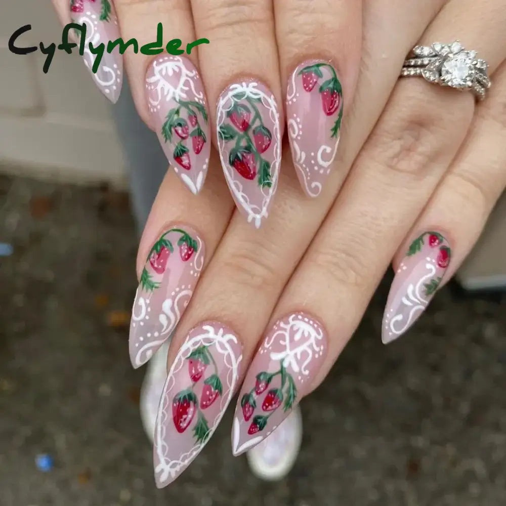 Cyflymder 24Pcs Pink Almond False Nails Butterfly Ballet with French Design Wearable Fake Nails Simple Artificial Press on Nails Tips Art