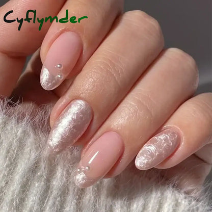Cyflymder 24Pcs Pink Almond False Nails Butterfly Ballet with French Design Wearable Fake Nails Simple Artificial Press on Nails Tips Art