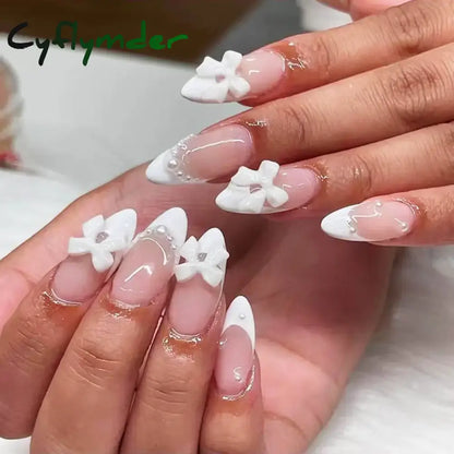 Cyflymder 24Pcs Pink Almond False Nails Butterfly Ballet with French Design Wearable Fake Nails Simple Artificial Press on Nails Tips Art