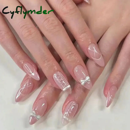Cyflymder 24Pcs Pink Almond False Nails Butterfly Ballet with French Design Wearable Fake Nails Simple Artificial Press on Nails Tips Art