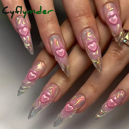 Cyflymder 24Pcs Pink Almond False Nails Butterfly Ballet with French Design Wearable Fake Nails Simple Artificial Press on Nails Tips Art